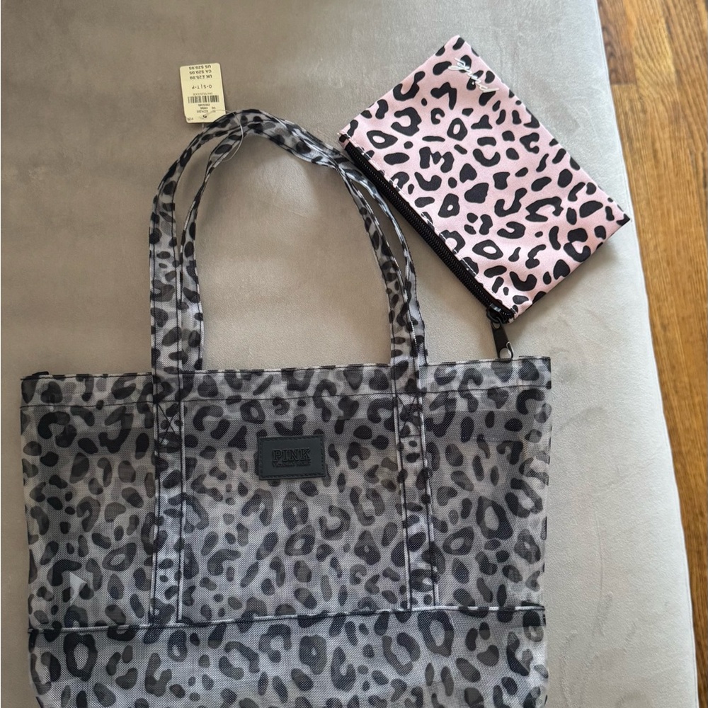 PINK Victoria's Secret Leopard Print mini Tote and Pouch Set
